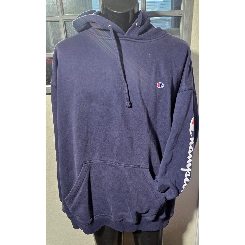 Champion Mens Navy Blue Script Logo Sleeve Pullover Hoodie Sweatshirt 4XL